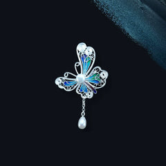 Handmade Silver Silk Butterfly Pendant Brooch – Inlaid with Natural Freshwater Pearl & High-Temperature Enamel | Dao'an's Intangible Cultural Heritage Art