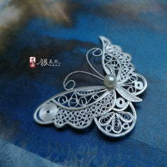Handmade Butterfly Brooch with Natural Freshwater Pearl - Dao'an Silver Filament Court Filament, Intangible Cultural Heritage Collection