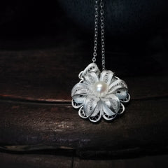 Handmade Dao'an Silver Flower Silk Pendant with Natural Freshwater Pearl - Intangible Cultural Heritage Art