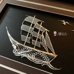 Handmade Silver Silk Painting of a Sailboat – Traditional Chinese Chengdu Daoan Silver Filament Craft | Cultural Heritage Art