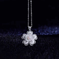 Handmade Sterling Silver Pendant Necklace with Freshwater Pearl - Intangible Cultural Heritage Filament Craft, Niche Temperament & Versatile, Ideal for Female Birthday Gift