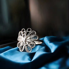 Handmade Original Sterling Silver Four - Leaf Clover & Lucky Butterfly Light Luxury Ring - Intangible Cultural Heritage Gift, Adjustable Opening