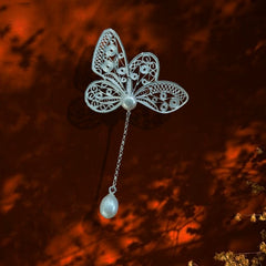 Handmade Dao'an Silver Filigree Butterfly & Natural Freshwater Pearl Dual-purpose Brooch Pendant - Intangible Cultural Heritage