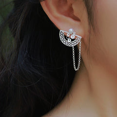 Handmade Sterling Silver Silver Silk Folding Fan Earrings - Original Design, Fringed Stud Earrings, Ideal Qixi Festival Gift for Girlfriends