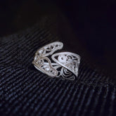 Handmade Sterling Silver Fish Ring - Silver Flower Silk Craft, Exquisite Hollow Retro Opening, Fashionable & Niche