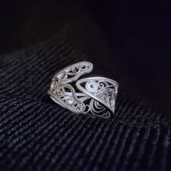 Handmade Sterling Silver Fish Ring - Silver Flower Silk Craft, Exquisite Hollow Retro Opening, Fashionable & Niche
