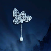 Handmade Dao'an Silver Filigree Butterfly & Natural Freshwater Pearl Dual-purpose Brooch Pendant - Intangible Cultural Heritage
