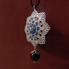 Handmade Court Silk Enamel Filigree Necklace Pendant with Freshwater Pearl Mandala Group Flower – Traditional Chinese Intangible Cultural Heritage Art