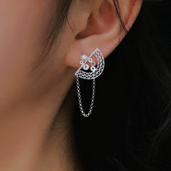 Handmade Sterling Silver Silver Silk Folding Fan Earrings - Original Design, Fringed Stud Earrings, Ideal Qixi Festival Gift for Girlfriends