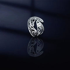 Handmade Sterling Silver Fish Ring - Silver Flower Silk Craft, Exquisite Hollow Retro Opening, Fashionable & Niche