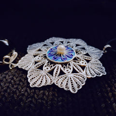 Handmade Court Silk Enamel Filigree Necklace Pendant with Freshwater Pearl Mandala Group Flower – Traditional Chinese Intangible Cultural Heritage Art