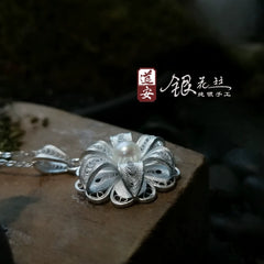 Handmade Dao'an Silver Flower Silk Pendant with Natural Freshwater Pearl - Intangible Cultural Heritage Art
