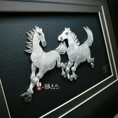 Handmade Silver Silk Painting of Xu Beihong's Double Horses – Traditional Chinese Chengdu Silver Filigree Craft | Cultural Heritage Art