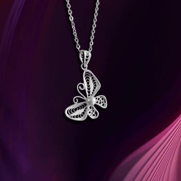 Handmade Dao'an Sterling Silver Collarbone Necklace - Intangible Cultural Heritage, Filigree Inlaid with Natural Freshwater Pearl Butterfly Design