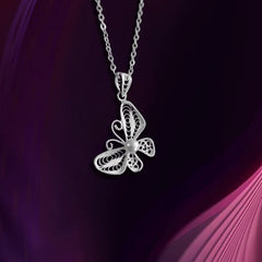 Handmade Dao'an Sterling Silver Collarbone Necklace - Intangible Cultural Heritage, Filigree Inlaid with Natural Freshwater Pearl Butterfly Design