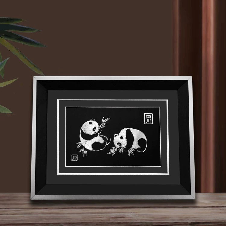 Handmade Double Panda Silver Silk Painting – Traditional Chinese Chengdu Dao'an Silver Filament Craft | Cultural Heritage Art
