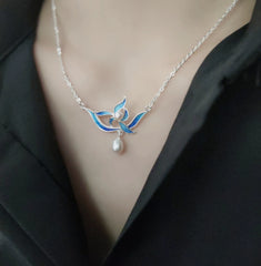 Handmade Original Filigree Enamel Orchid Pendant Necklace Inlaid with Natural Freshwater Pearl for Women - Dao'an Silver Silk Intangible Cultural Heritage