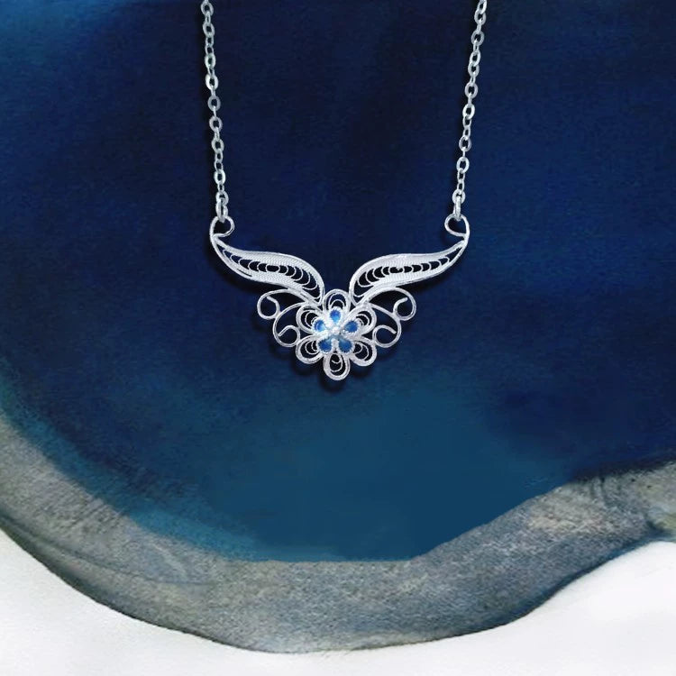 Handmade Sterling Silver Enamel Flower Necklace Pendant - Dao'an Silver Filigree, National Intangible Cultural Heritage