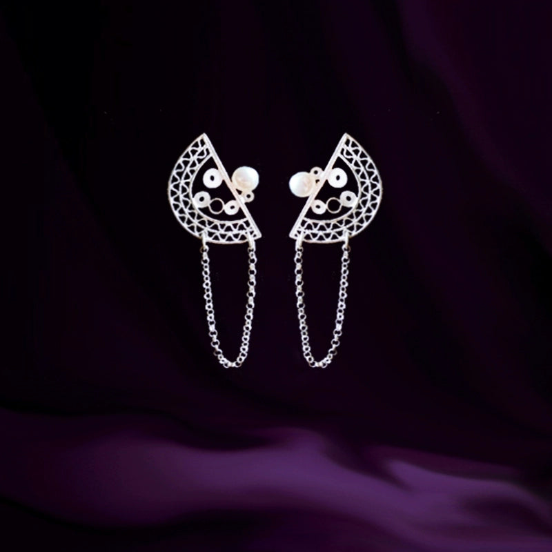 Handmade Sterling Silver Silver Silk Folding Fan Earrings - Original Design, Fringed Stud Earrings, Ideal Qixi Festival Gift for Girlfriends