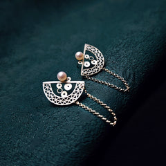 Handmade Sterling Silver Silver Silk Folding Fan Earrings - Original Design, Fringed Stud Earrings, Ideal Qixi Festival Gift for Girlfriends