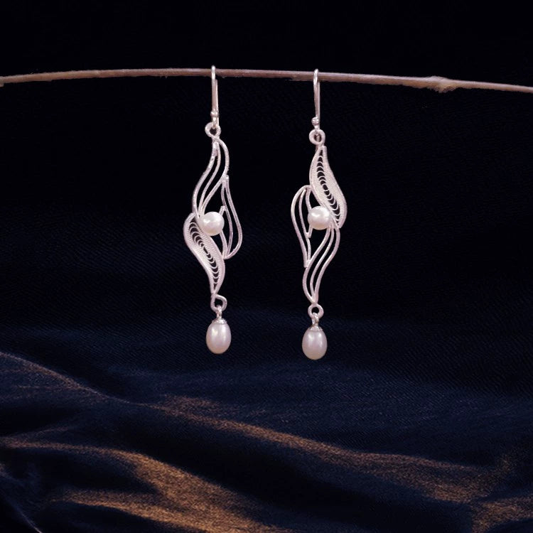Handmade Sterling Silver Earrings with Natural Freshwater Pearls - Dao'an Silver Filigree Intangible Cultural Heritage, Simple & Elegant