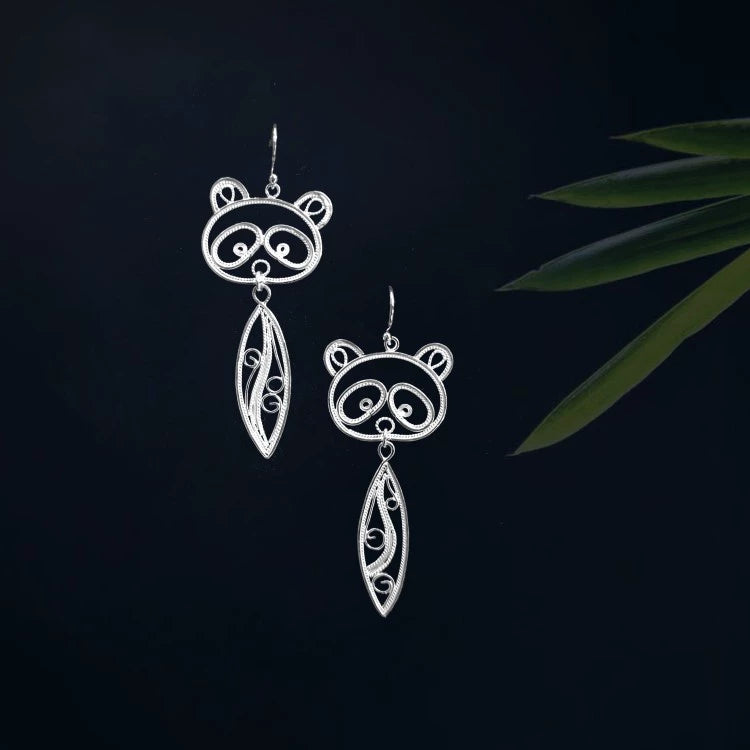 Handmade Panda Earrings - Chengdu Silver Flower Silk, Sichuan Intangible Cultural Heritage with Guochao Charm