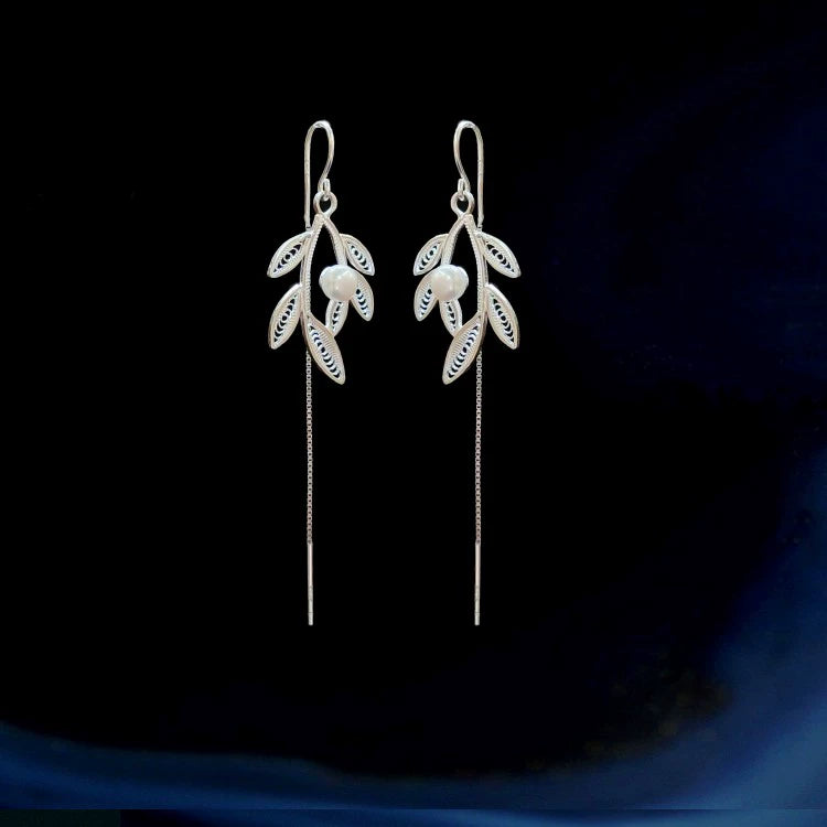 Handmade Sterling Silver Filigree Willow Leaf & Freshwater Pearl Earrings - Daoan Silver Filigree Craft