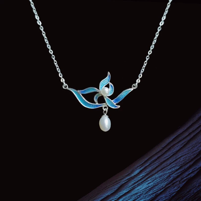 Handmade Original Filigree Enamel Orchid Pendant Necklace Inlaid with Natural Freshwater Pearl for Women - Dao'an Silver Silk Intangible Cultural Heritage