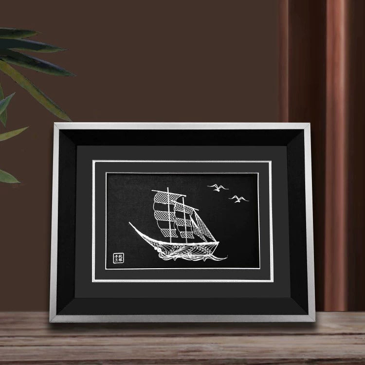 Handmade Silver Silk Painting of a Sailboat – Traditional Chinese Chengdu Daoan Silver Filament Craft | Cultural Heritage Art