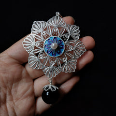 Handmade Court Silk Enamel Filigree Necklace Pendant with Freshwater Pearl Mandala Group Flower – Traditional Chinese Intangible Cultural Heritage Art