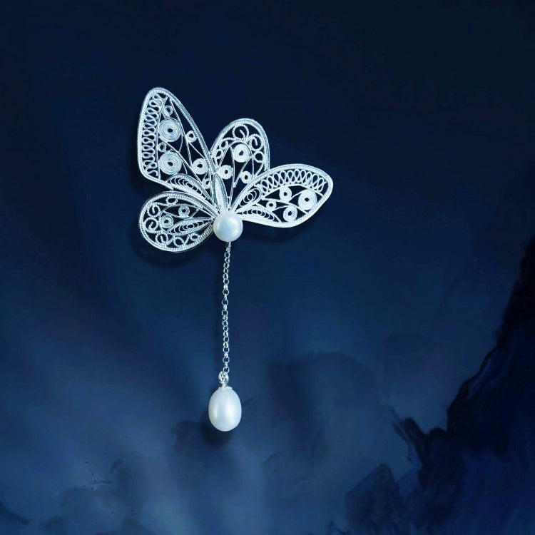 Handmade Dao'an Silver Filigree Butterfly & Natural Freshwater Pearl Dual-purpose Brooch Pendant - Intangible Cultural Heritage