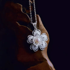 Handmade Sterling Silver Pendant Necklace with Freshwater Pearl - Intangible Cultural Heritage Filament Craft, Niche Temperament & Versatile, Ideal for Female Birthday Gift