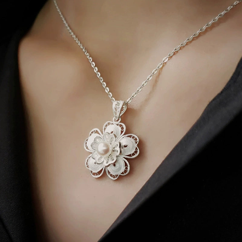 Handmade Sterling Silver Pendant Necklace with Freshwater Pearl - Intangible Cultural Heritage Filament Craft, Niche Temperament & Versatile, Ideal for Female Birthday Gift
