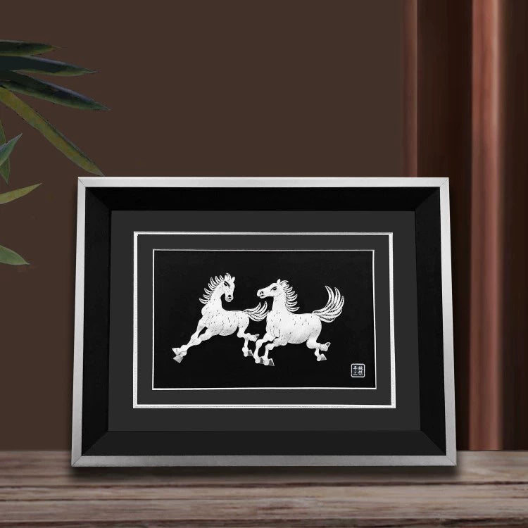 Handmade Silver Silk Painting of Xu Beihong's Double Horses – Traditional Chinese Chengdu Silver Filigree Craft | Cultural Heritage Art