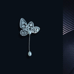 Handmade Dao'an Silver Filigree Butterfly & Natural Freshwater Pearl Dual-purpose Brooch Pendant - Intangible Cultural Heritage