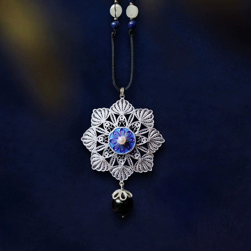 Handmade Court Silk Enamel Filigree Necklace Pendant with Freshwater Pearl Mandala Group Flower – Traditional Chinese Intangible Cultural Heritage Art