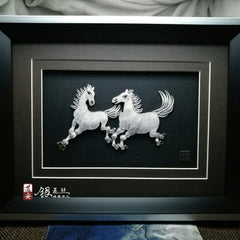 Handmade Silver Silk Painting of Xu Beihong's Double Horses – Traditional Chinese Chengdu Silver Filigree Craft | Cultural Heritage Art